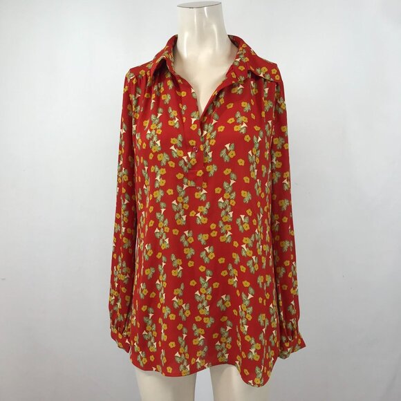 CABI- WOMEN'S SMALL - RED FLORAL LONG LEEVE BUTTON COLLARED PULL-OVER TOP 3947 - Picture 1 of 5
